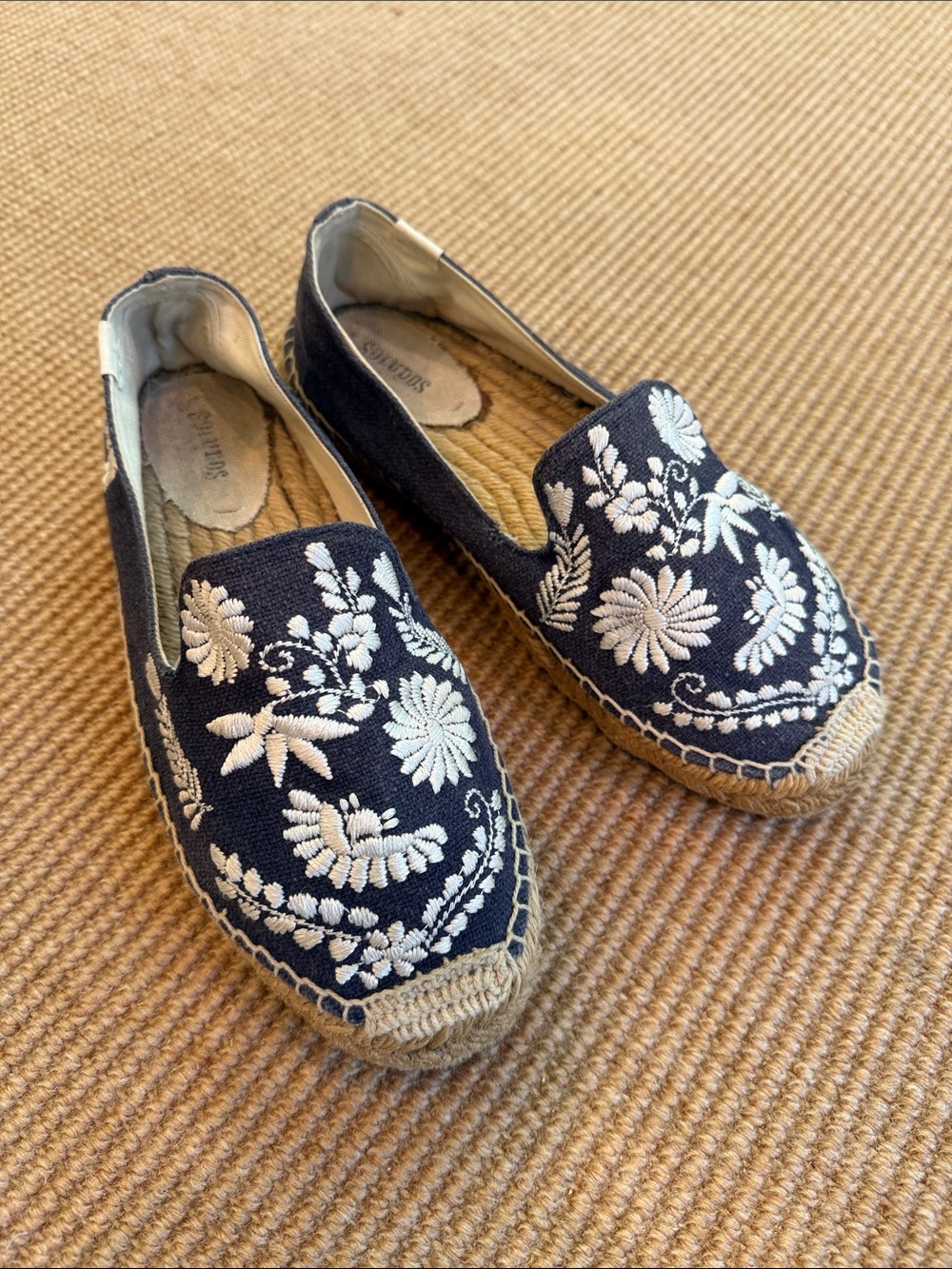 Soludos Embroidered Navy and White Platform Espadrilles